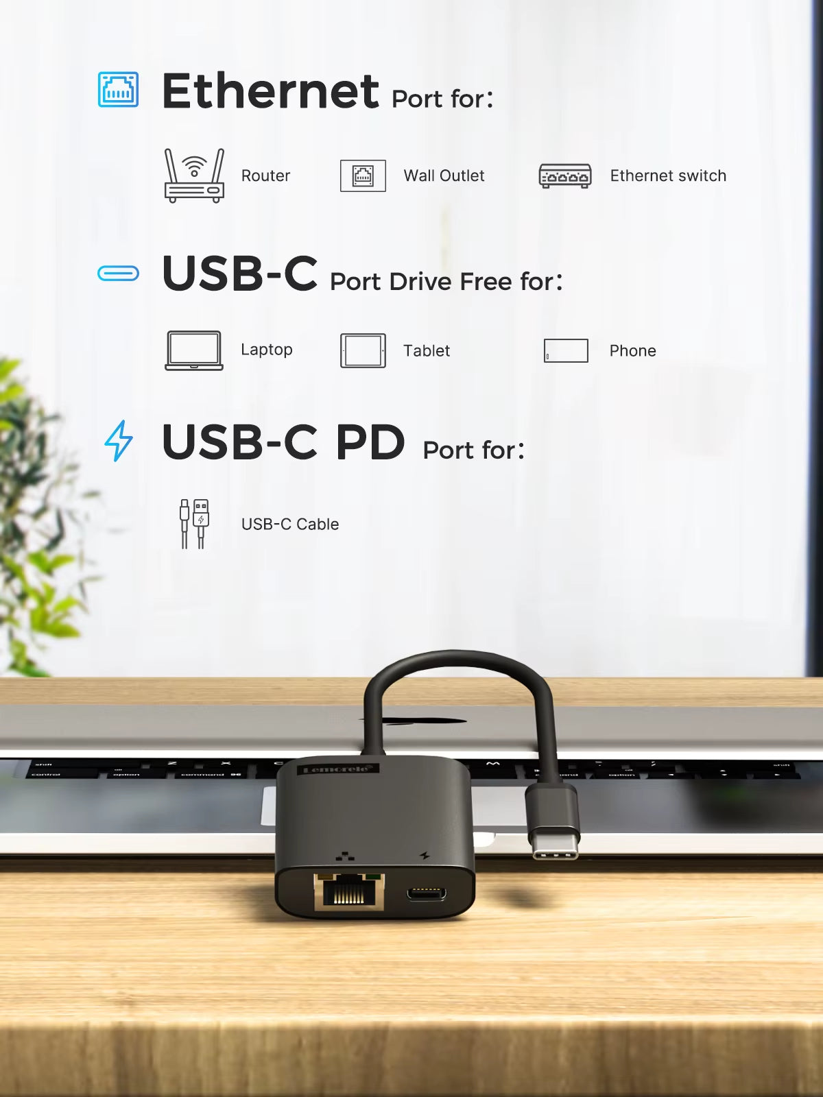 USB-C Gigabit RJ45 Adapter with PD 3.0 Passthrough Hub USB C RJ45 Gigabit Ethernet Speeds for Laptop