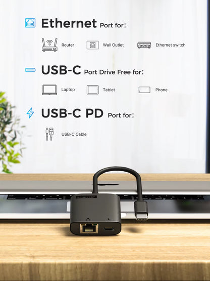 USB-C Gigabit RJ45 Adapter with PD 3.0 Passthrough Hub USB C RJ45 Gigabit Ethernet Speeds for Laptop