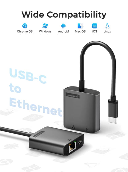 USB-C Gigabit RJ45 Adapter with PD 3.0 Passthrough Hub USB C RJ45 Gigabit Ethernet Speeds for Laptop